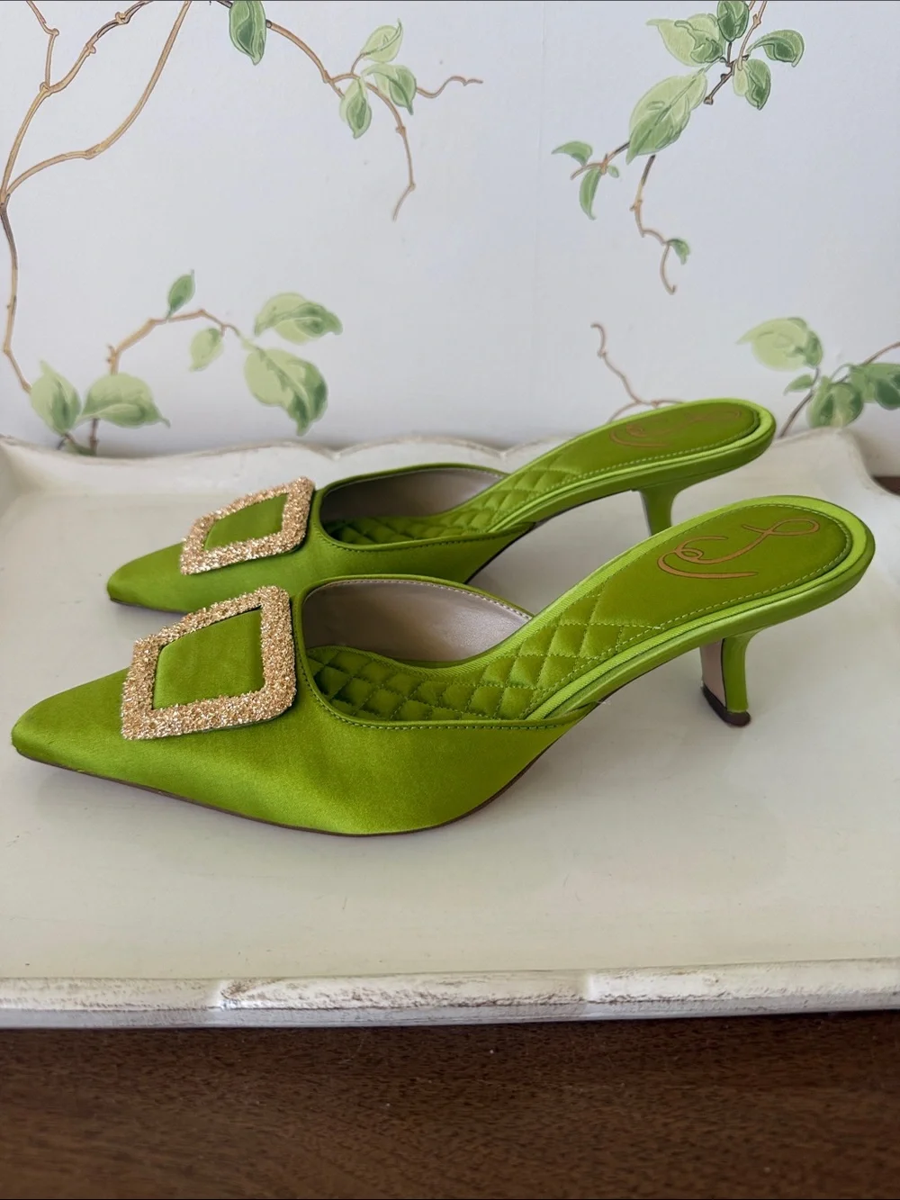 Sam Edelman Green Brit Kitten Satin Mules with Gold Buckle - Size 8.5 - Picture 4 of 14